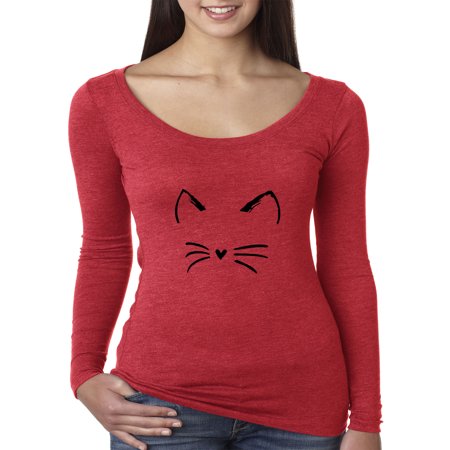 Trendy USA 1128 - Women's Long Sleeve T-Shirt Cat Whiskers Silhouette Heart Nose Large Red