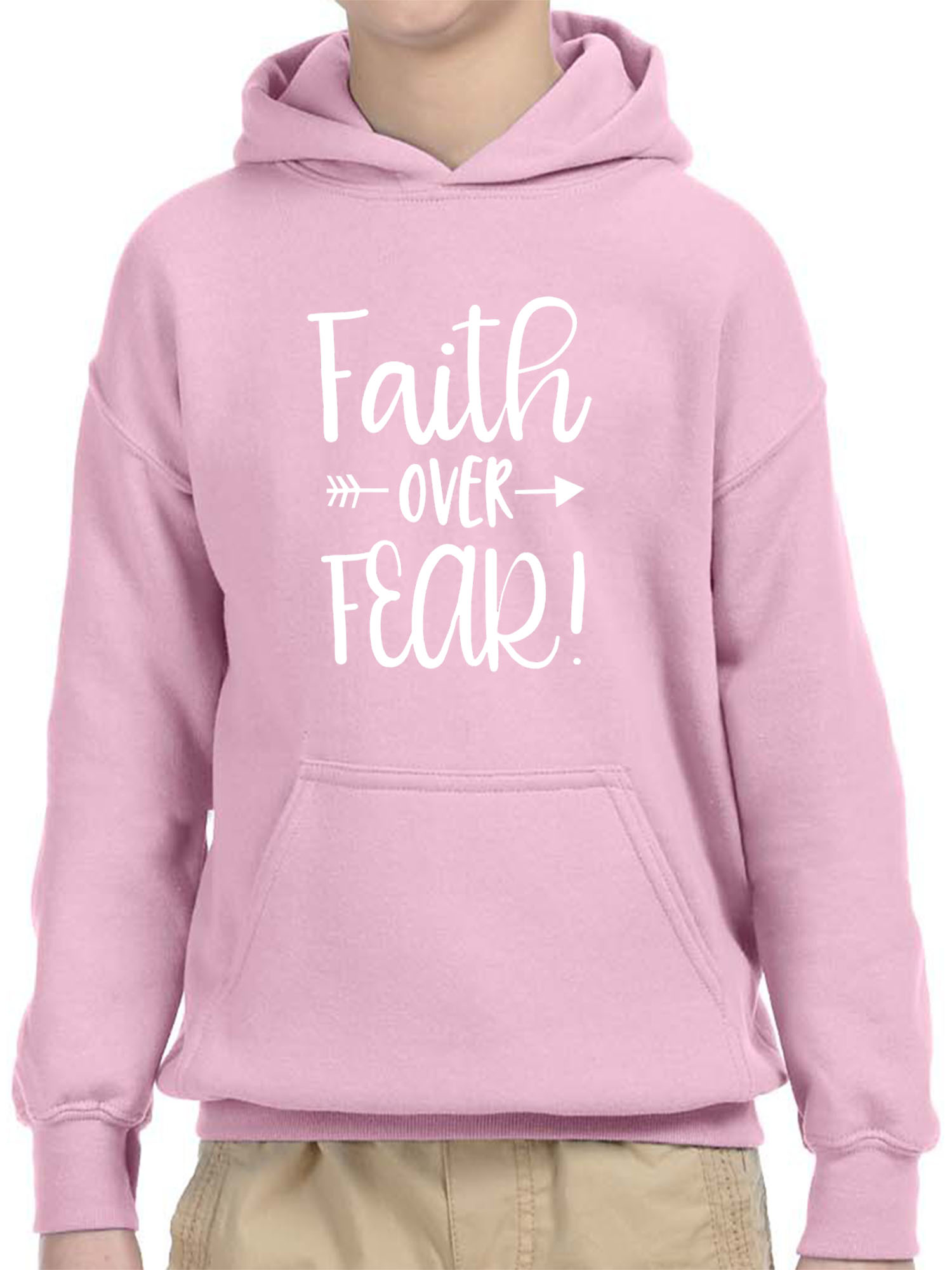 Trendy USA 1253 - Youth Hoodie Faith Over Fear Script Unisex Pullover Sweatshirt Medium Light Pink