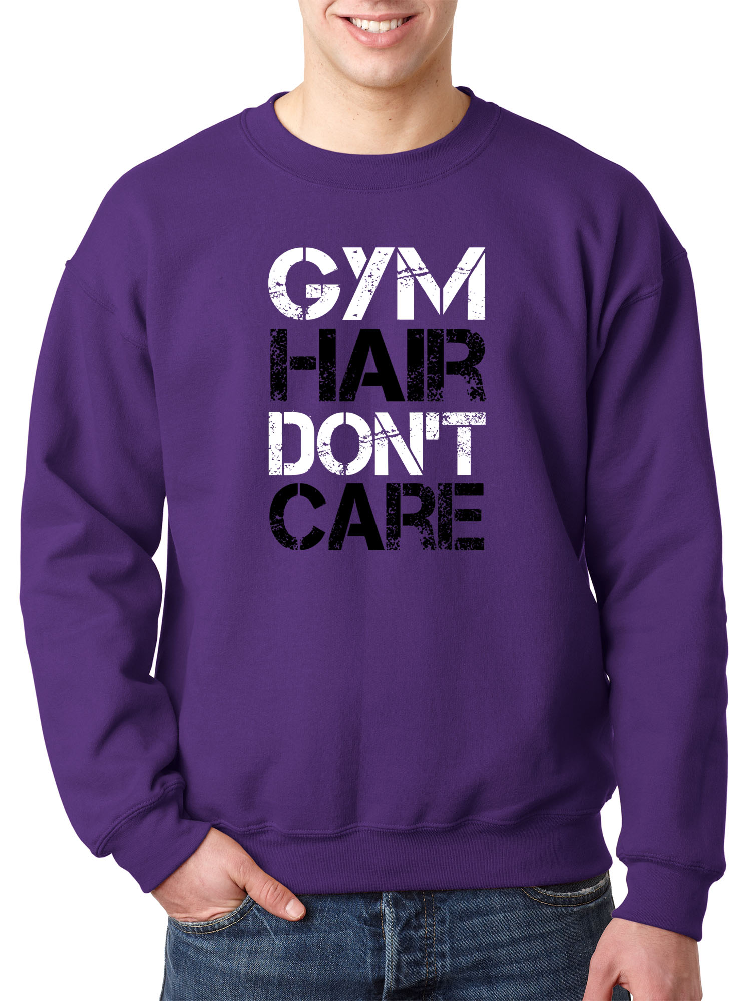 Trendy USA 1455 - Crewneck Gym Hair Don't Care Workout Exercise Fitness Health Sweatshirt Medium Purple