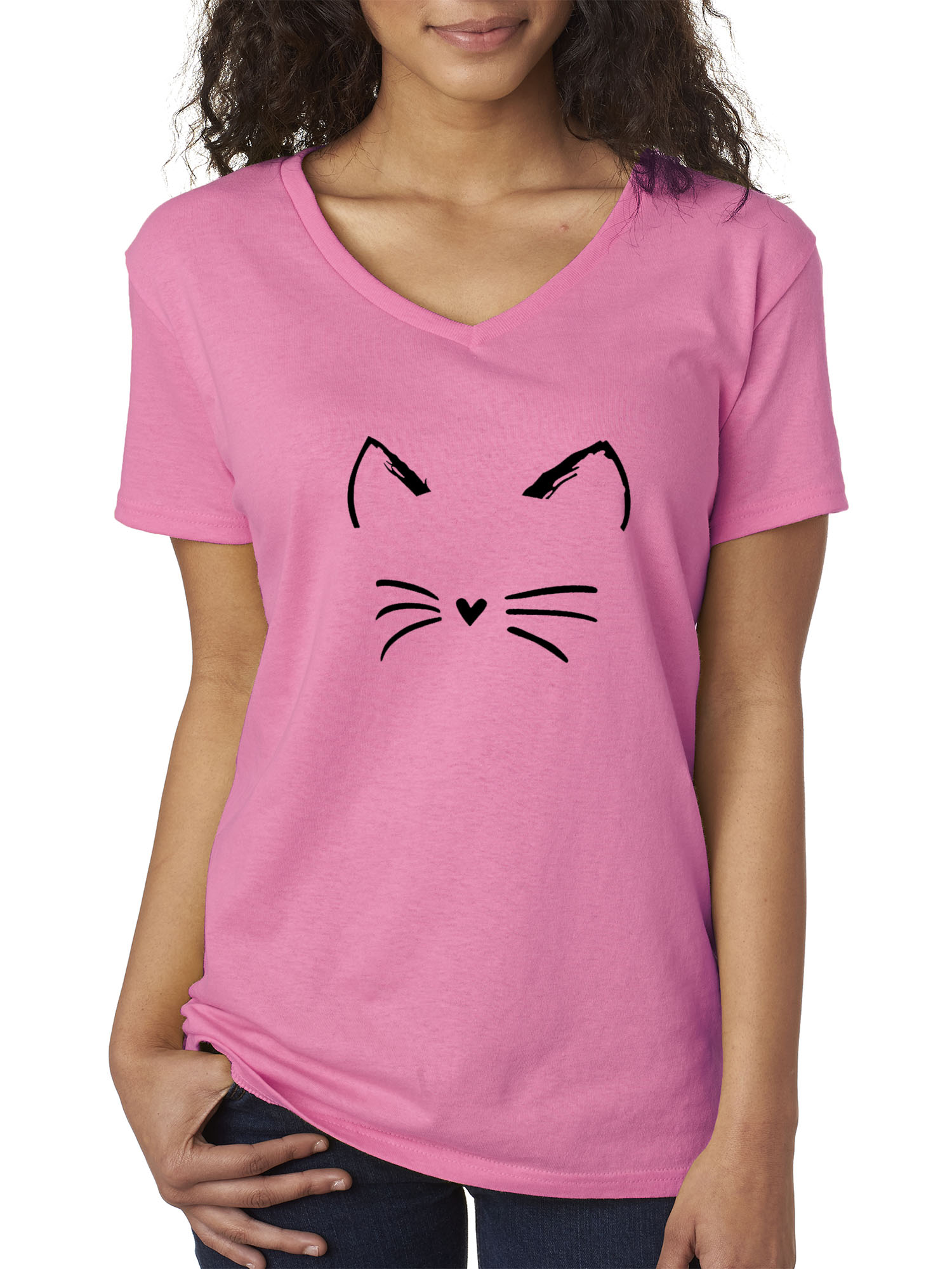 New Way 1128 - Women's V-Neck T-Shirt Cat Whiskers Silhouette Heart Nose XS Azalea Pink