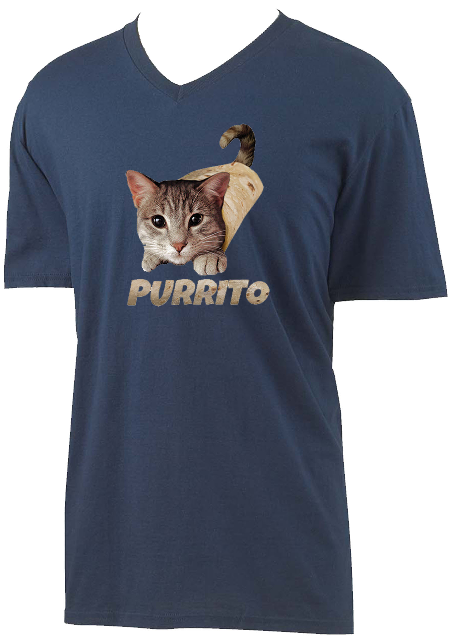Trendy USA 1507 - Men's V-Neck T-Shirt Purrito Burrito Kitty Cat Lovers Taco Spicy Funny 3XL Navy
