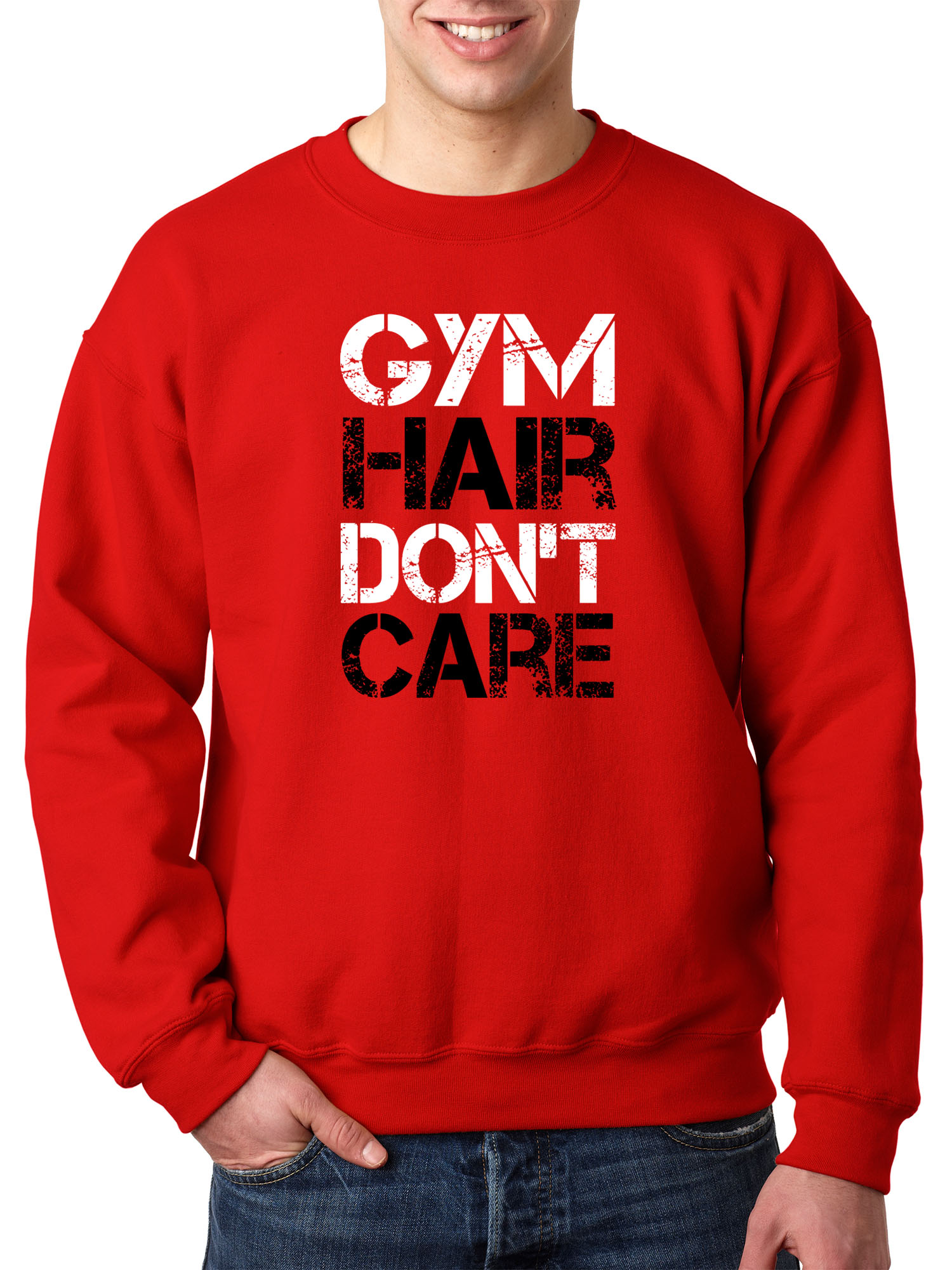 Trendy USA 1455 - Crewneck Gym Hair Don't Care Workout Exercise Fitness Health Sweatshirt Medium Red