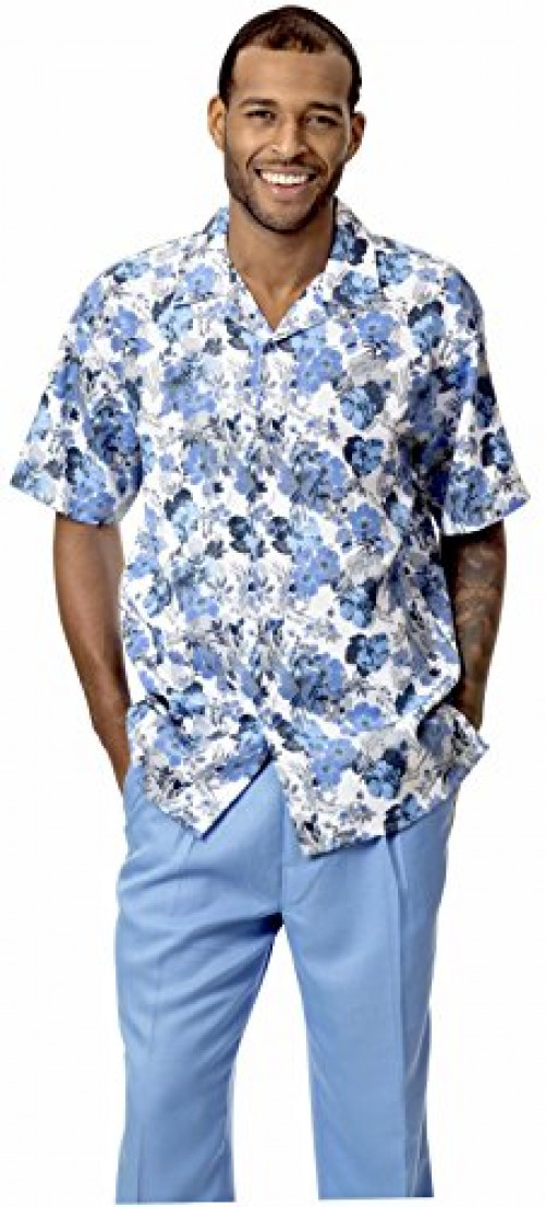Men's Short Sleeve Floral Print Shirt Walking Suit 1744 (XL40, Blue)