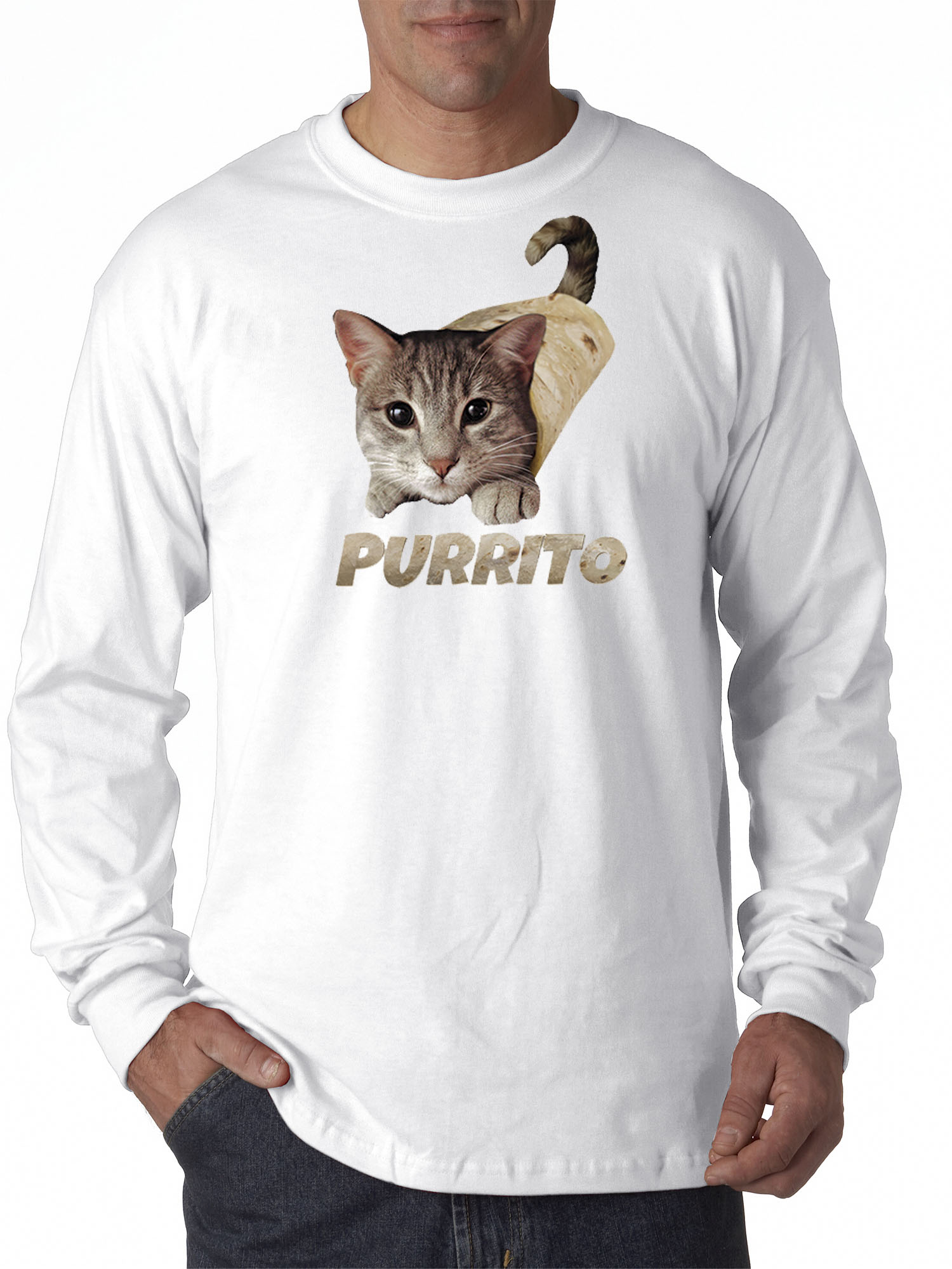 Trendy USA 1507 - Unisex Long-Sleeve T-Shirt Purrito Burrito Kitty Cat Lovers Taco Spicy Funny Large White