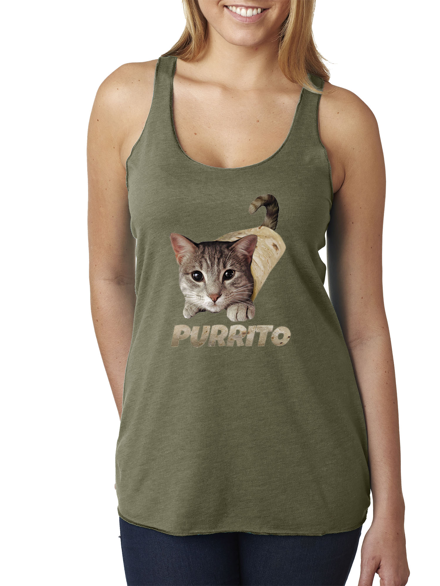 Trendy USA 1507 - Women's Tank-Top Purrito Burrito Kitty Cat Lovers Taco Spicy Funny Medium Military Green