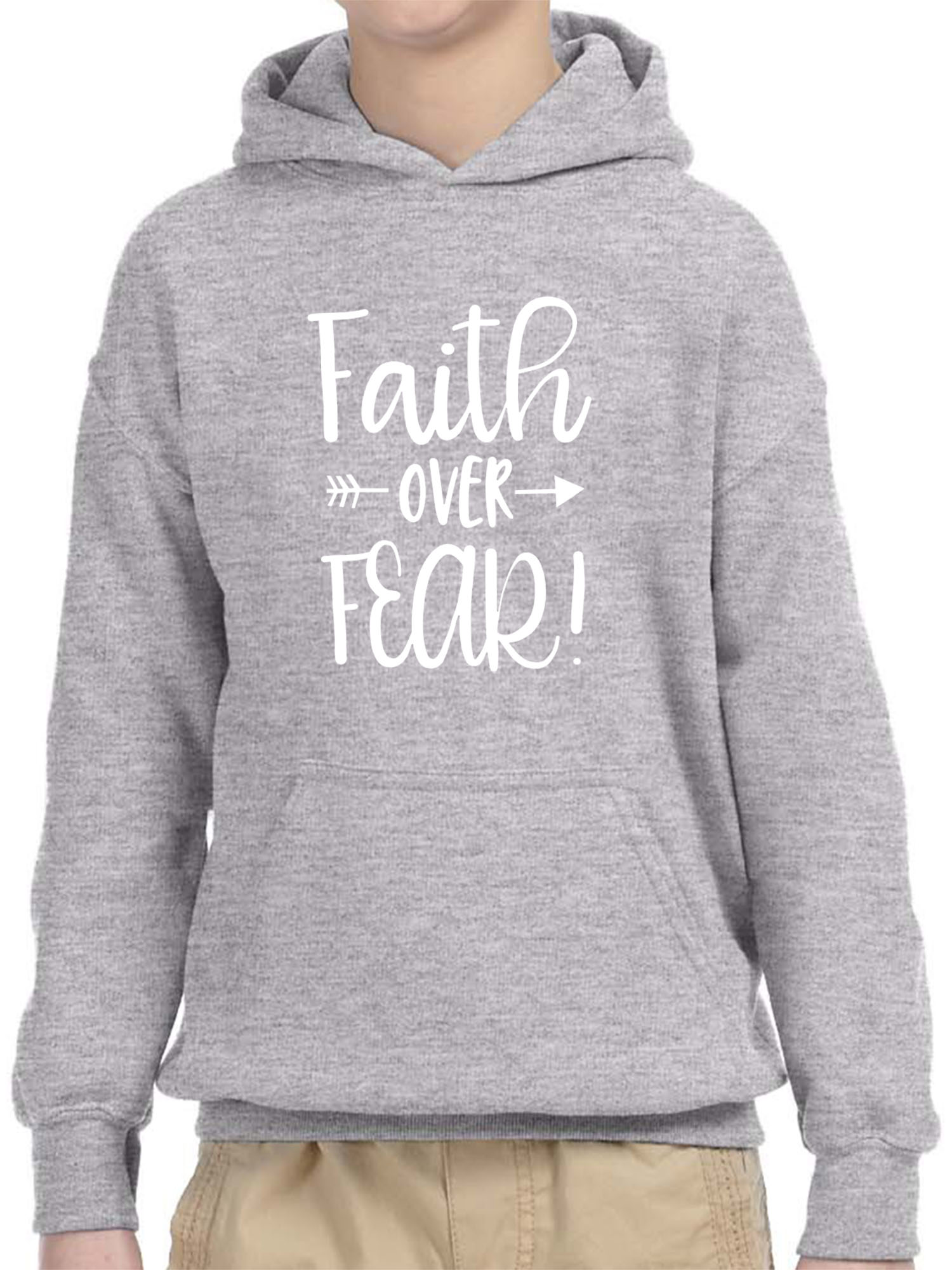 Trendy USA 1253 - Youth Hoodie Faith Over Fear Script Unisex Pullover Sweatshirt Medium Heather Grey