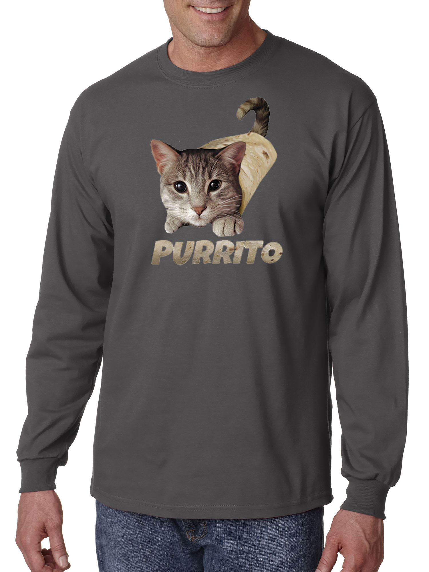 Trendy USA 1507 - Unisex Long-Sleeve T-Shirt Purrito Burrito Kitty Cat Lovers Taco Spicy Funny 3XL Charcoal