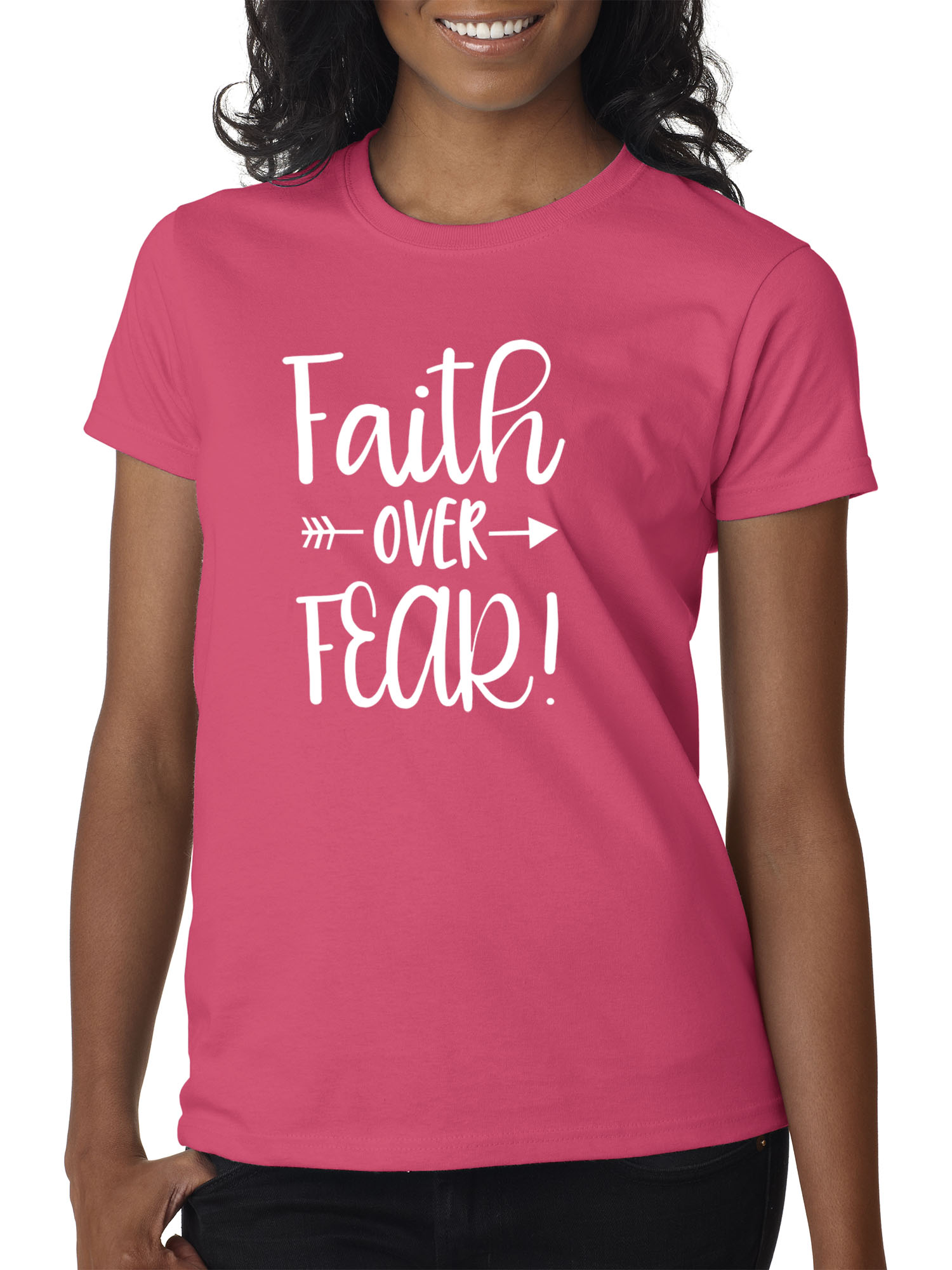 Trendy USA 1253 - Women's T-Shirt Faith Over Fear Script Medium Heliconia