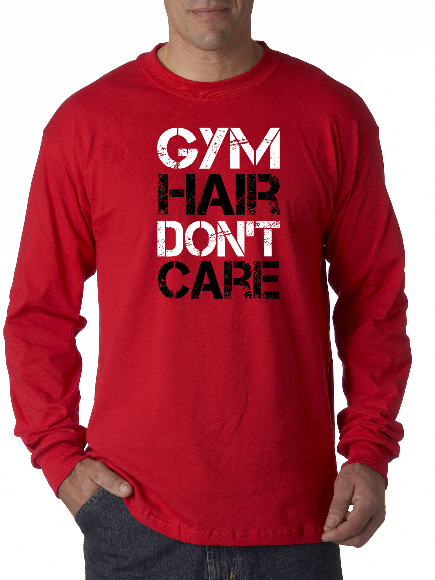 Trendy USA 1455 - Unisex Long-Sleeve T-Shirt Gym Hair Don't Care Workout Exercise Fitness Health 4XL Red