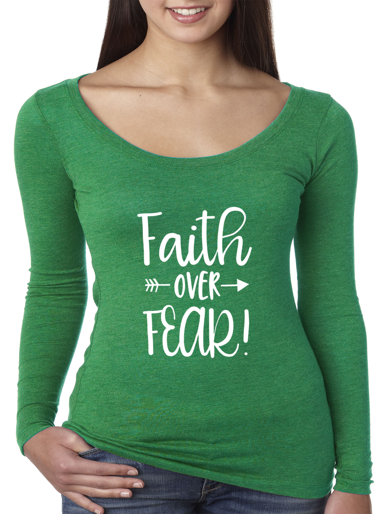 Trendy USA 1253 - Women's Long Sleeve T-Shirt Faith Over Fear Script Large Envy