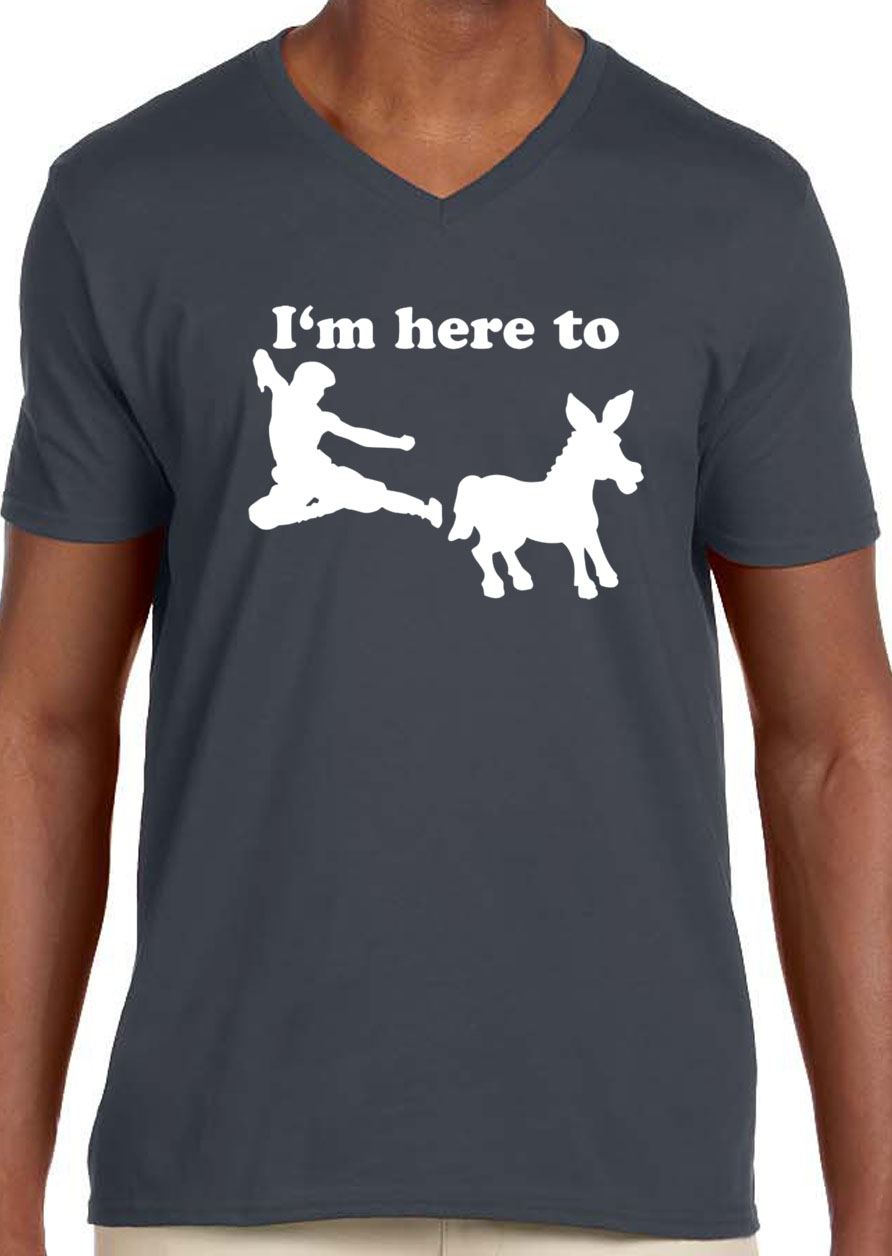 Trendy USA 1229 - Men's V-Neck T-Shirt I'm Here to Kick Ass Karate Donkey 2XL Charcoal