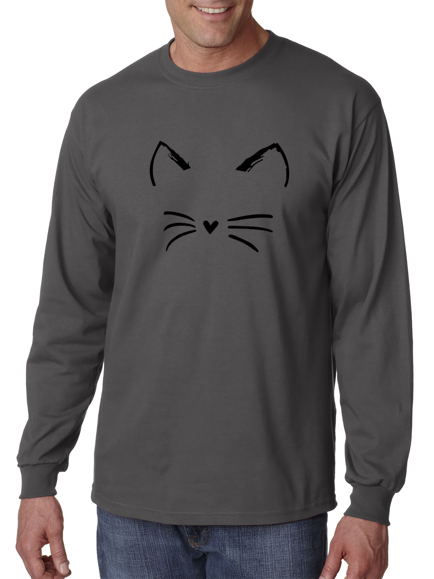New Way 1128 - Unisex Long-Sleeve T-Shirt Cat Whiskers Silhouette Heart Nose Medium Charcoal