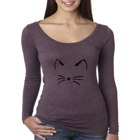 Trendy USA 1128 - Women's Long Sleeve T-Shirt Cat Whiskers Silhouette Heart Nose XL Vintage Purple