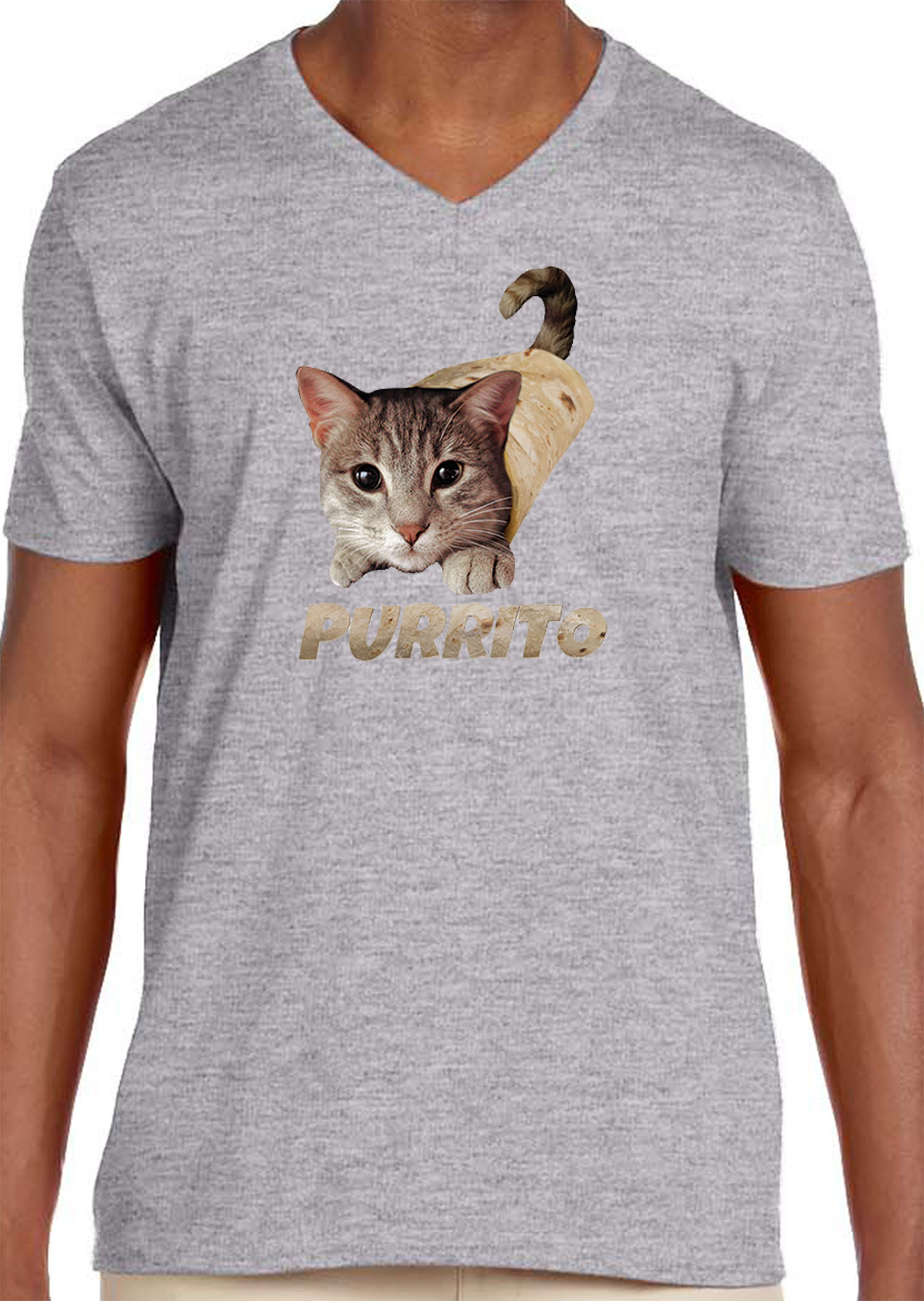 Trendy USA 1507 - Men's V-Neck T-Shirt Purrito Burrito Kitty Cat Lovers Taco Spicy Funny XL Heather Grey