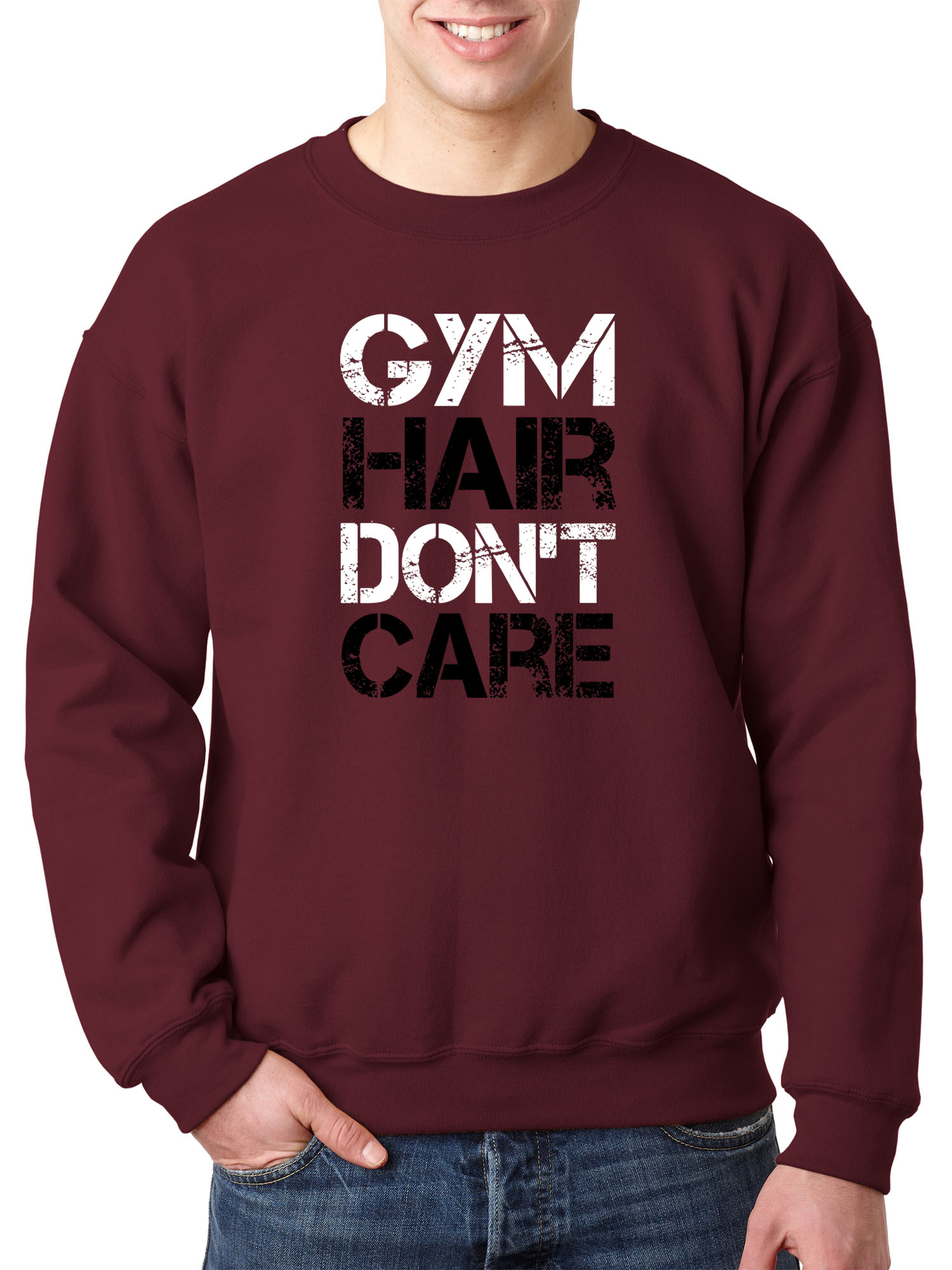 Trendy USA 1455 - Crewneck Gym Hair Don't Care Workout Exercise Fitness Health Sweatshirt Medium Maroon