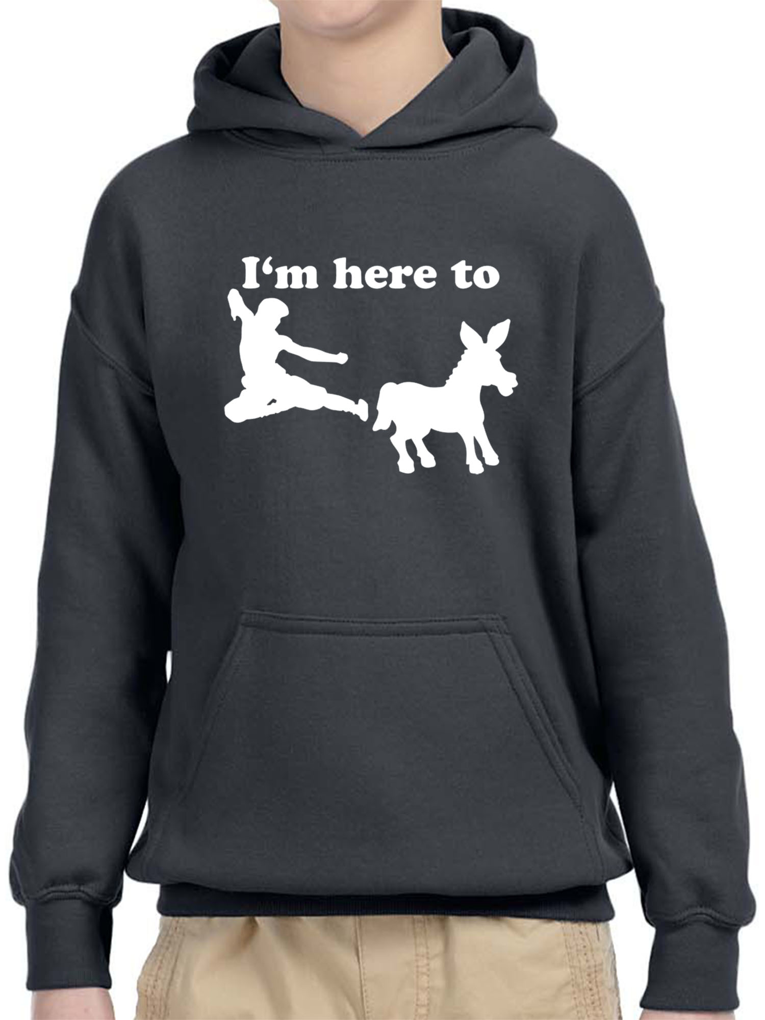 Trendy USA 1229 - Youth Hoodie I'm Here to Kick Ass Karate Donkey Unisex Pullover Sweatshirt Small Charcoal