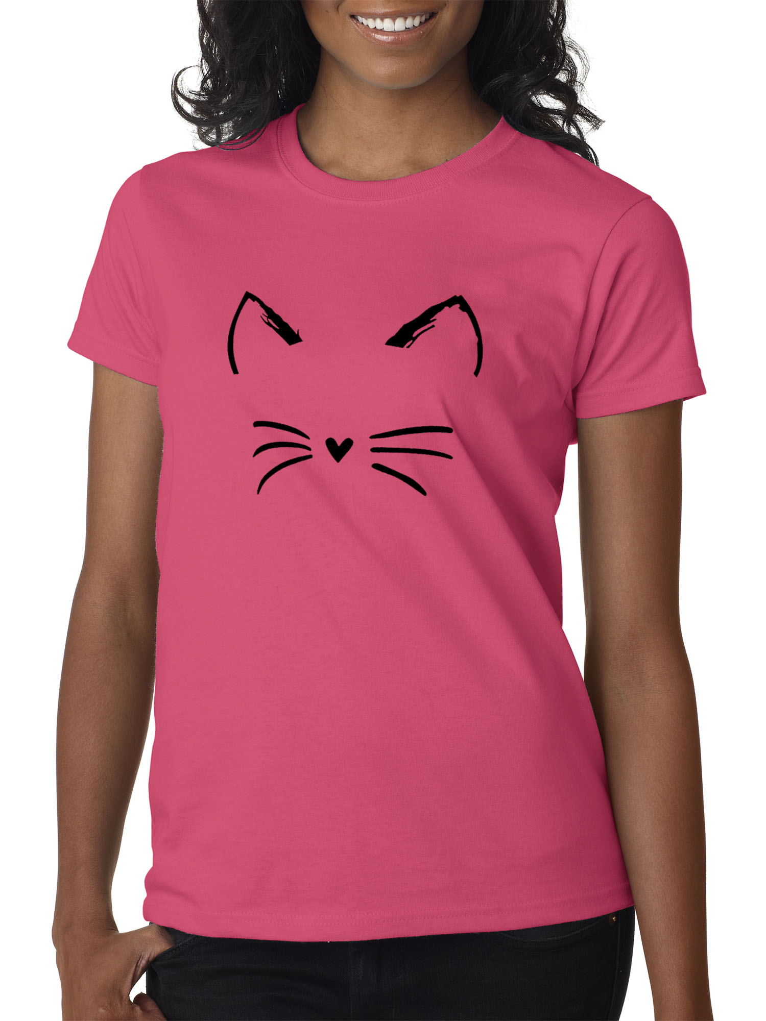 New Way 1128 - Women's T-Shirt Cat Whiskers Silhouette Heart Nose Small Heliconia