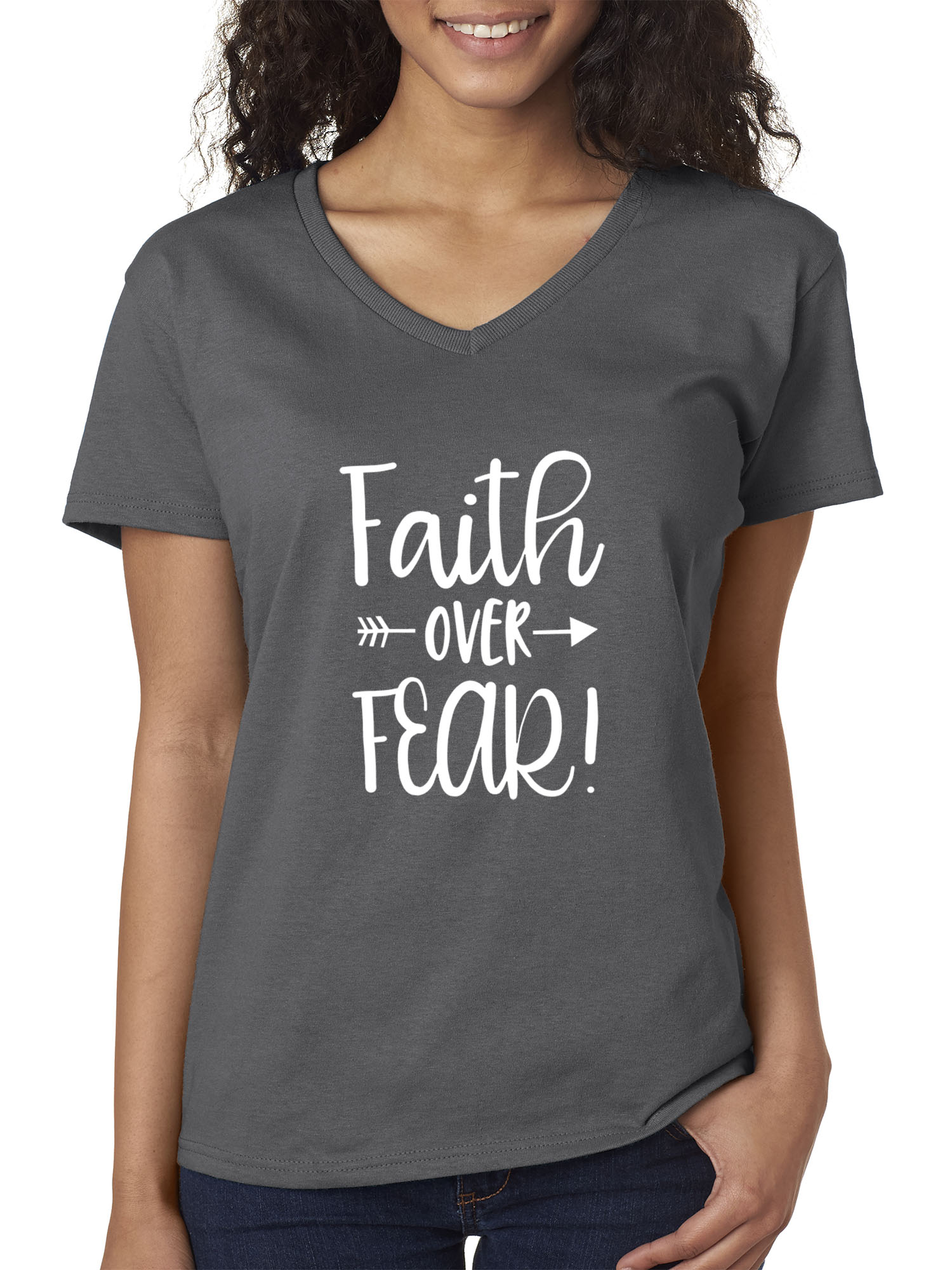 Trendy USA 1253 - Women's V-Neck T-Shirt Faith Over Fear Script Large Charcoal