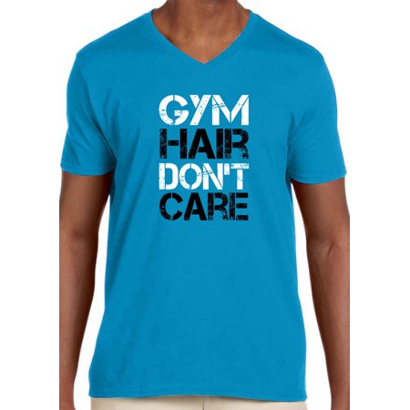 Trendy USA 1455 - Men's V-Neck T-Shirt Gym Hair Don't Care Workout Exercise Fitness Health Medium Sapphire
