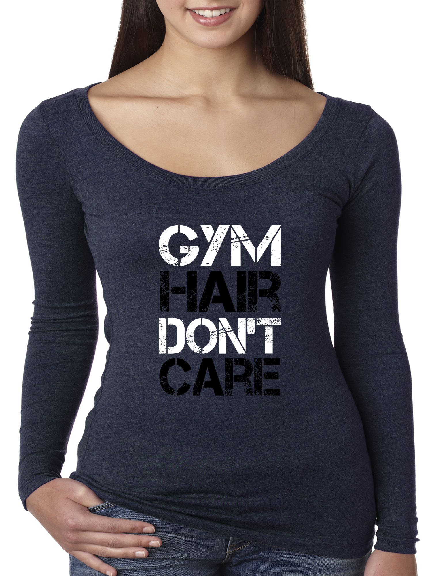 Trendy USA 1455 - Women's Long Sleeve T-Shirt Gym Hair Don't Care Workout Exercise Fitness Health Large Navy