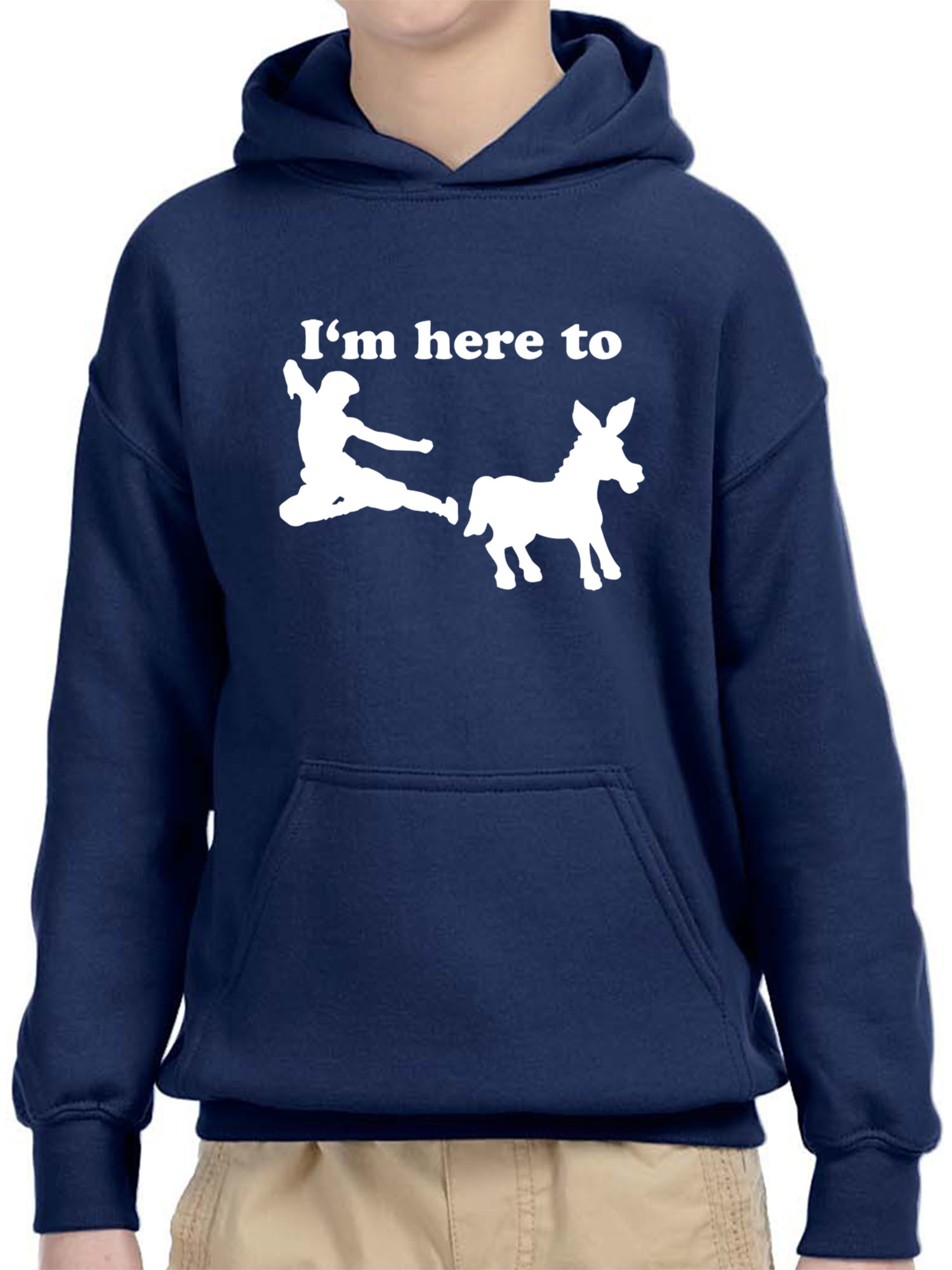 Trendy USA 1229 - Youth Hoodie I'm Here to Kick Ass Karate Donkey Unisex Pullover Sweatshirt Medium Navy