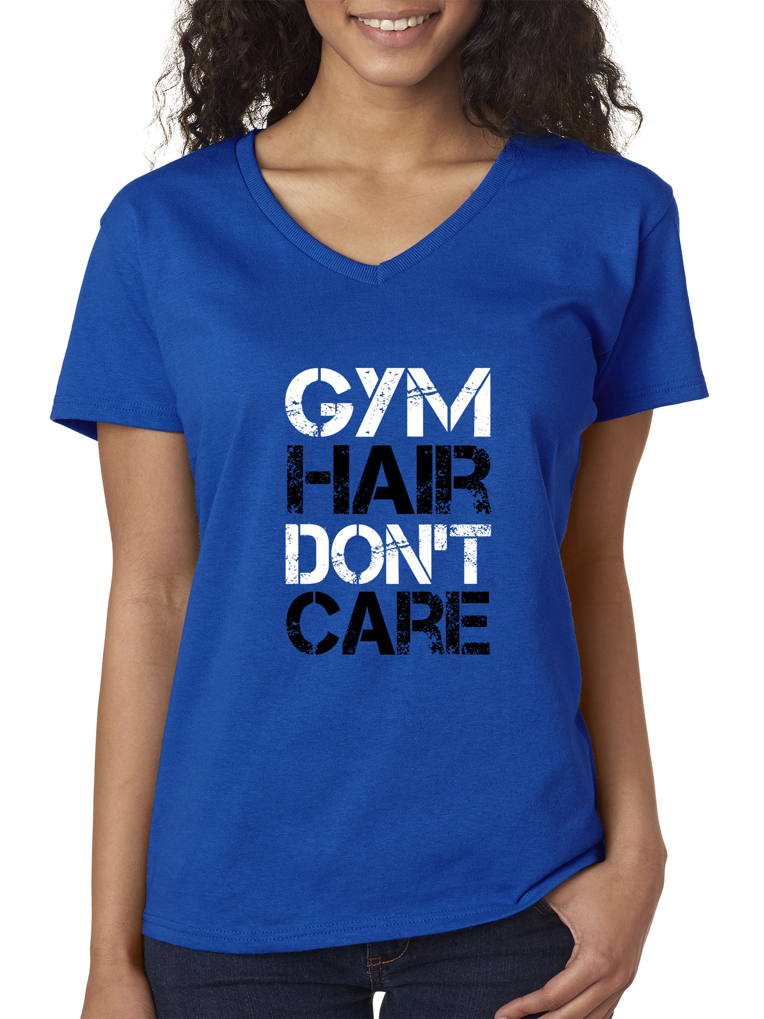 Trendy USA 1455 - Women's V-Neck T-Shirt Gym Hair Don't Care Workout Exercise Fitness Health XS Royal Blue