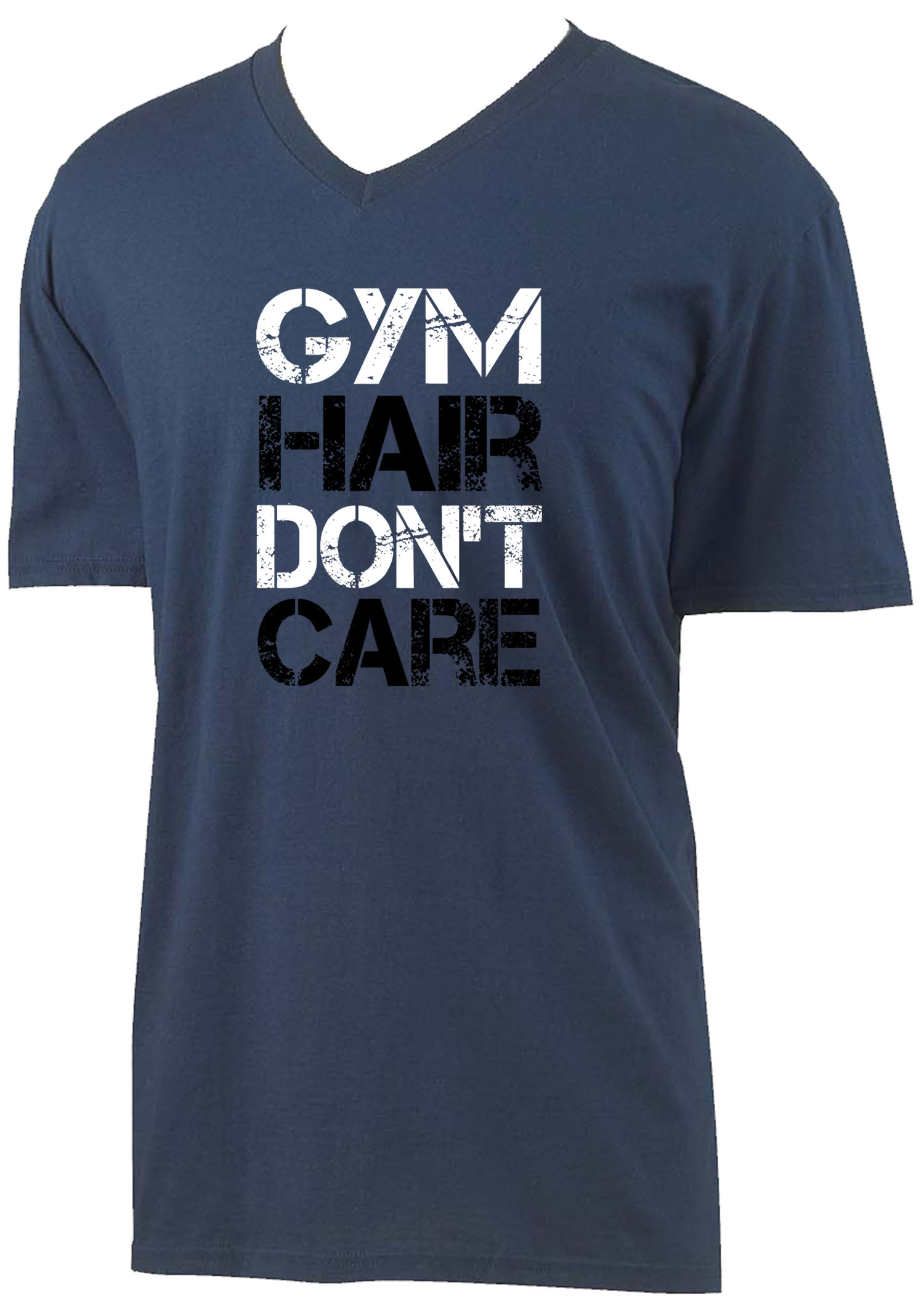 Trendy USA 1455 - Men's V-Neck T-Shirt Gym Hair Don't Care Workout Exercise Fitness Health Medium Navy