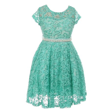 Girls Mint Sequin Lace Pearl Belt Skater Junior Bridesmaid Dress