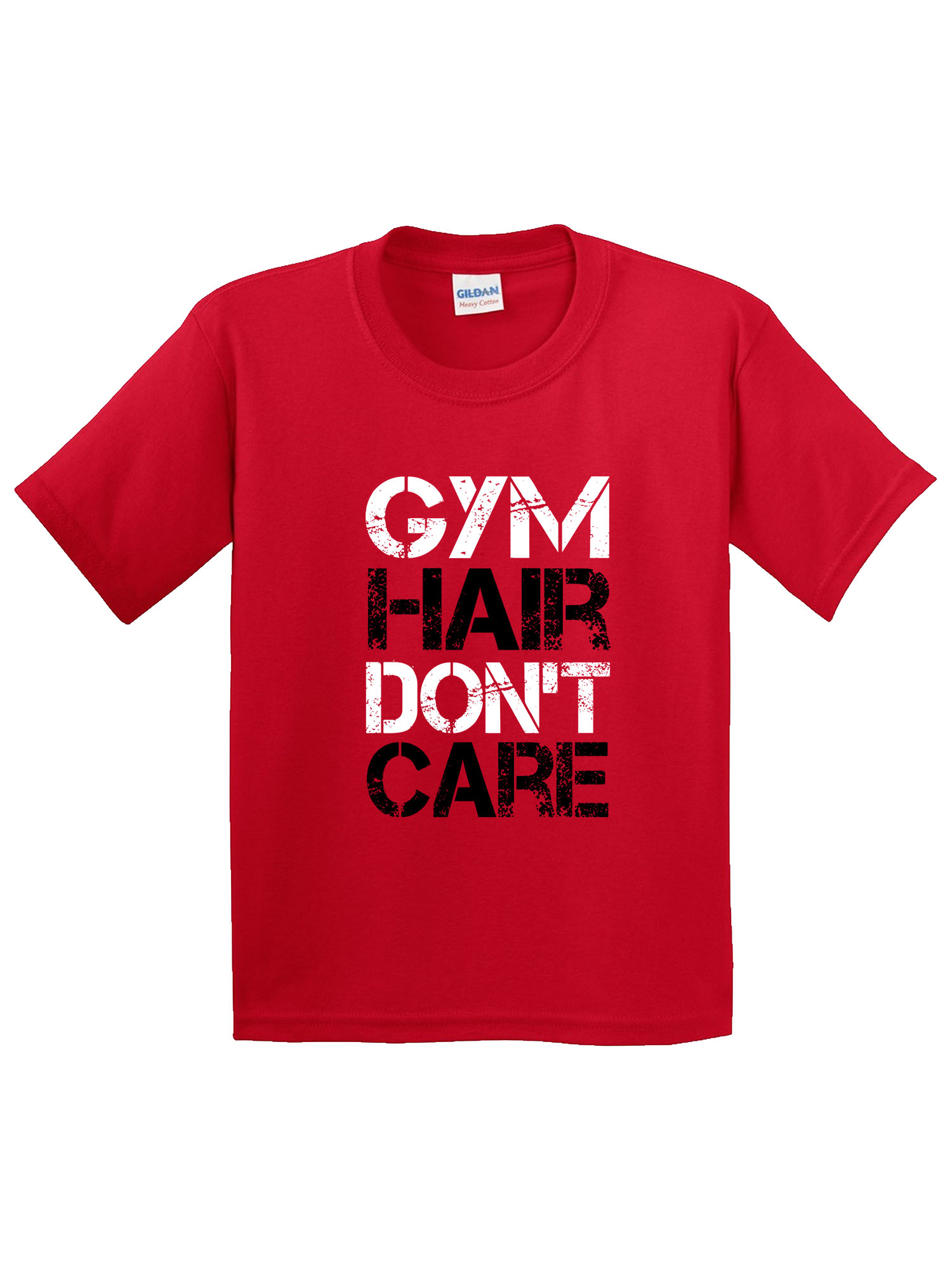 Trendy USA 1455 - Youth T-Shirt Gym Hair Don't Care Workout Exercise Fitness Health XL Red