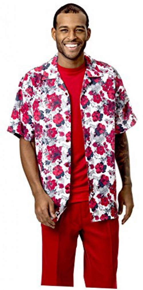 Men's Short Sleeve Floral Print Shirt Walking Suit 1744 (XL38, Red)