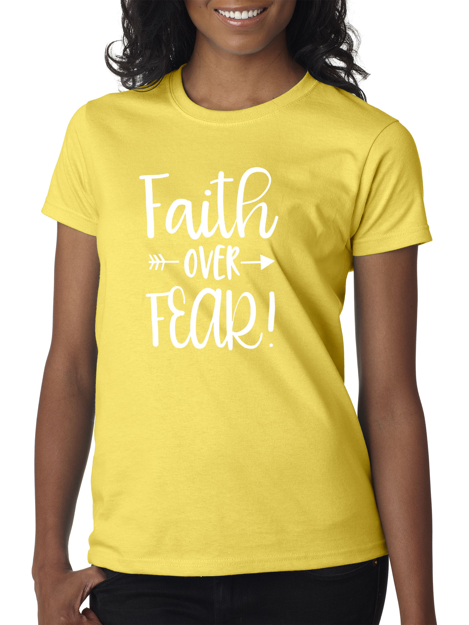Trendy USA 1253 - Women's T-Shirt Faith Over Fear Script 2XL Daisy Yellow