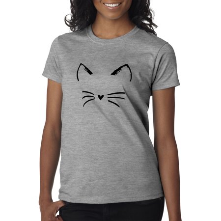 Trendy USA 1128 - Women's T-Shirt Cat Whiskers Silhouette Heart Nose XL Heather Grey