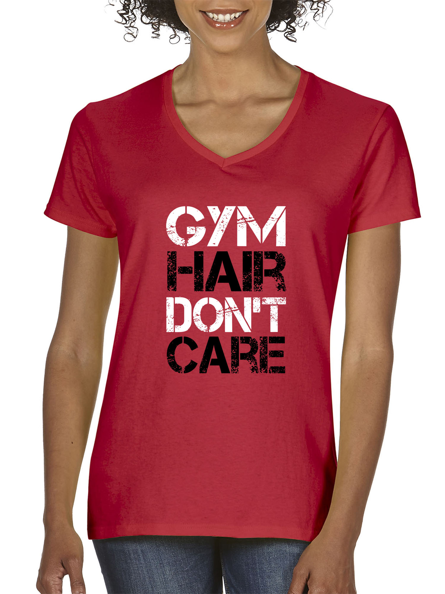Trendy USA 1455 - Women's V-Neck T-Shirt Gym Hair Don't Care Workout Exercise Fitness Health Large Red