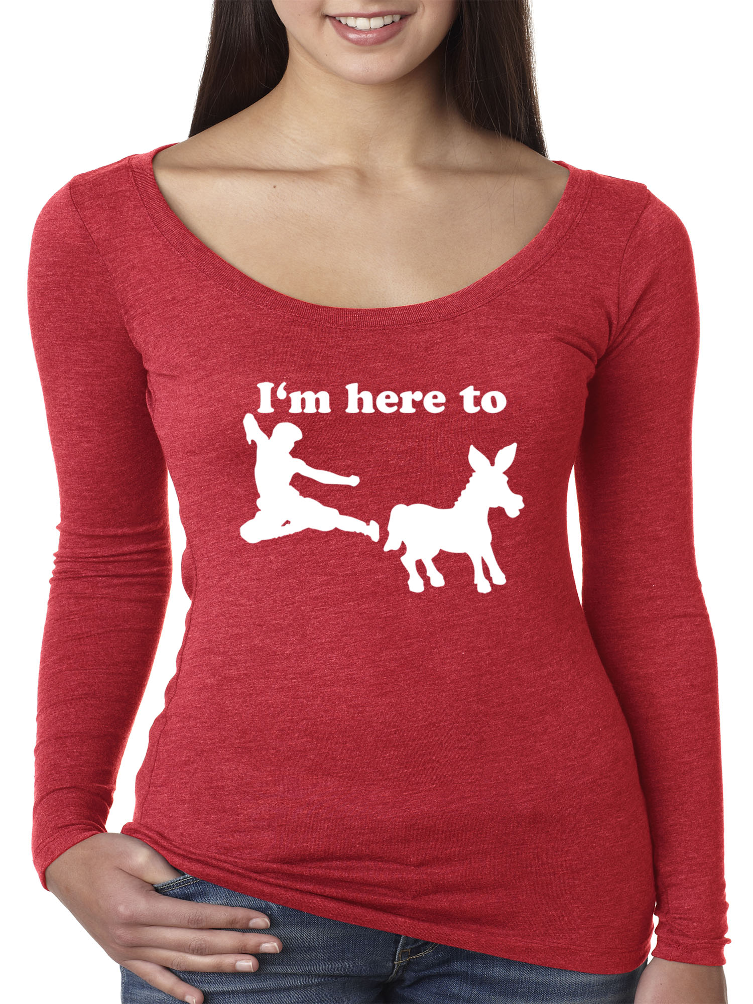 Trendy USA 1229 - Women's Long Sleeve T-Shirt I'm Here to Kick Ass Karate Donkey Large Red