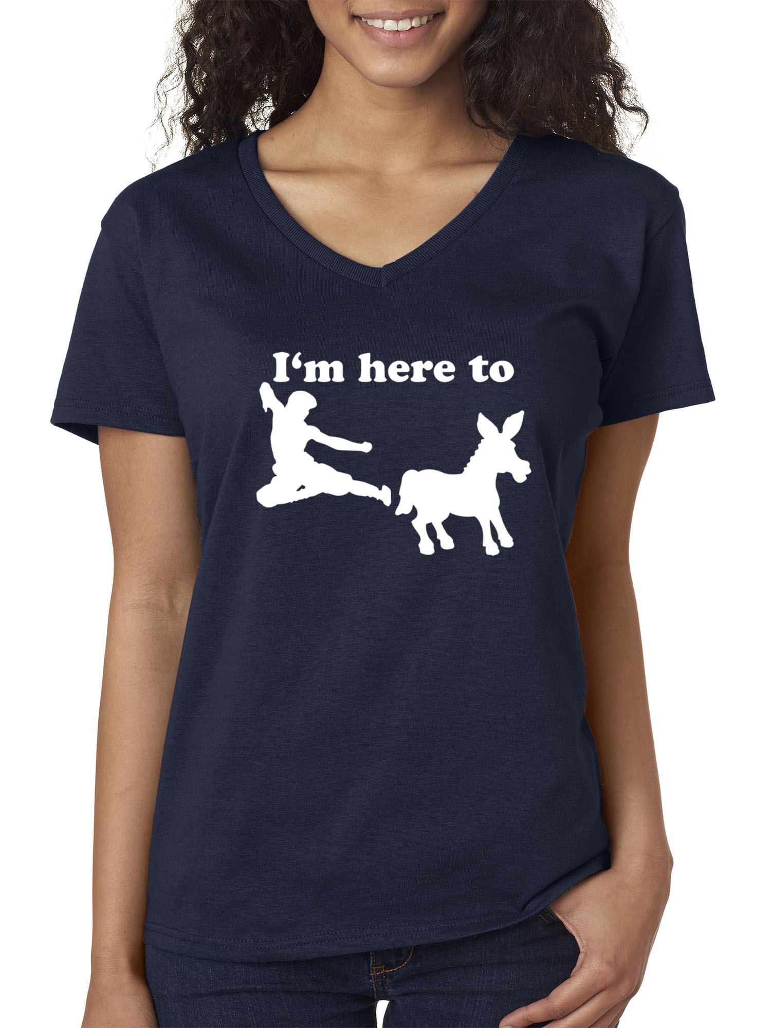 Trendy USA 1229 - Women's V-Neck T-Shirt I'm Here to Kick Ass Karate Donkey XS Navy
