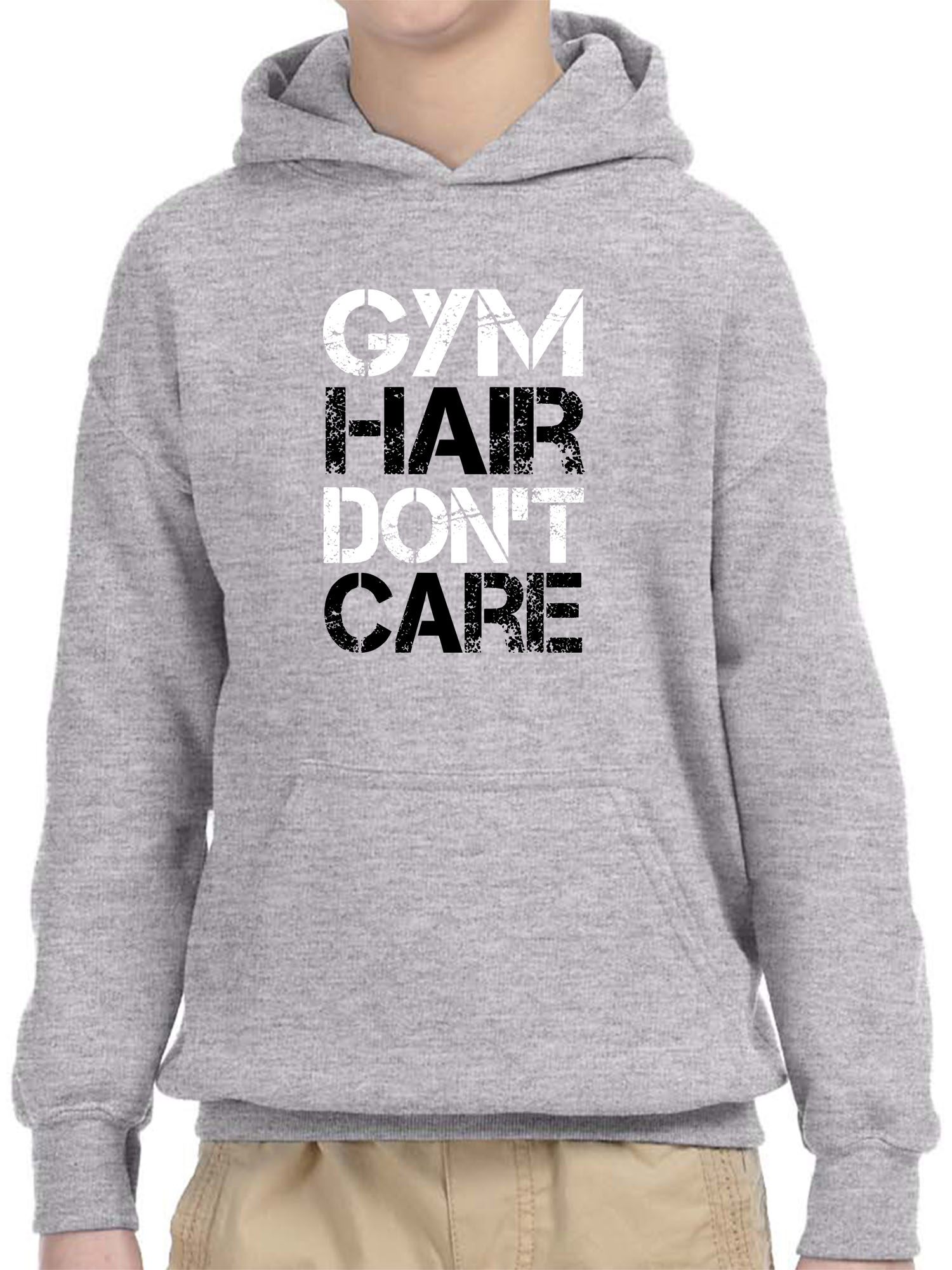 Trendy USA 1455 - Youth Hoodie Gym Hair Don't Care Workout Exercise Fitness Health Unisex Pullover Sweatshirt Small Heather Grey
