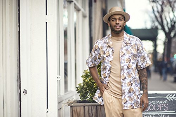 Men's Short Sleeve Floral Print Shirt Walking Suit 1744 (L34, Tan)