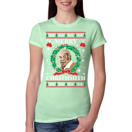 Wild Bobby Merry Chrithmith Mike Tyson Ugly Christmas Women Slim Fit Junior Tee  Mint  Medium