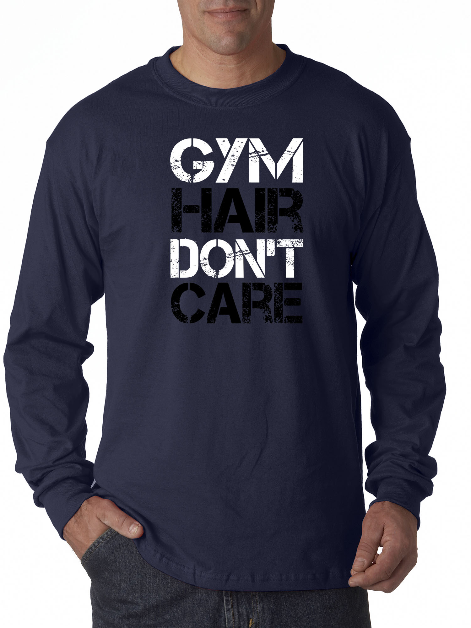 Trendy USA 1455 - Unisex Long-Sleeve T-Shirt Gym Hair Don't Care Workout Exercise Fitness Health Medium Navy