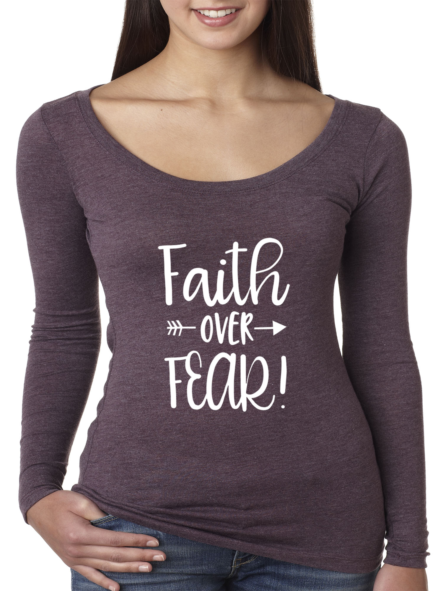 Trendy USA 1253 - Women's Long Sleeve T-Shirt Faith Over Fear Script Large Vintage Purple