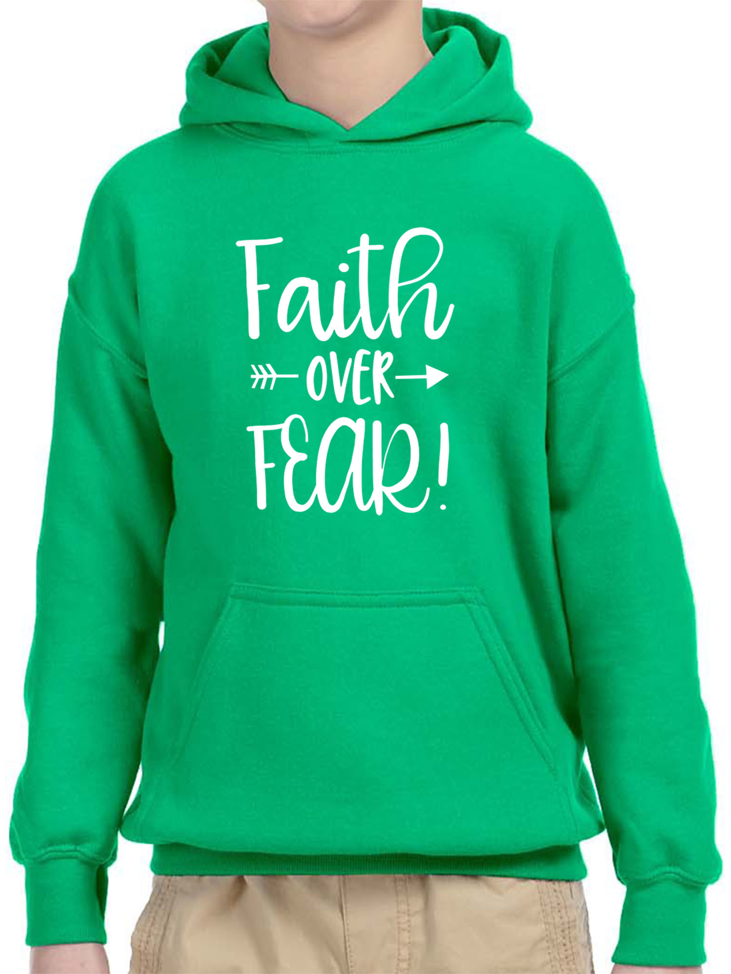 Trendy USA 1253 - Youth Hoodie Faith Over Fear Script Unisex Pullover Sweatshirt Small Kelly Green