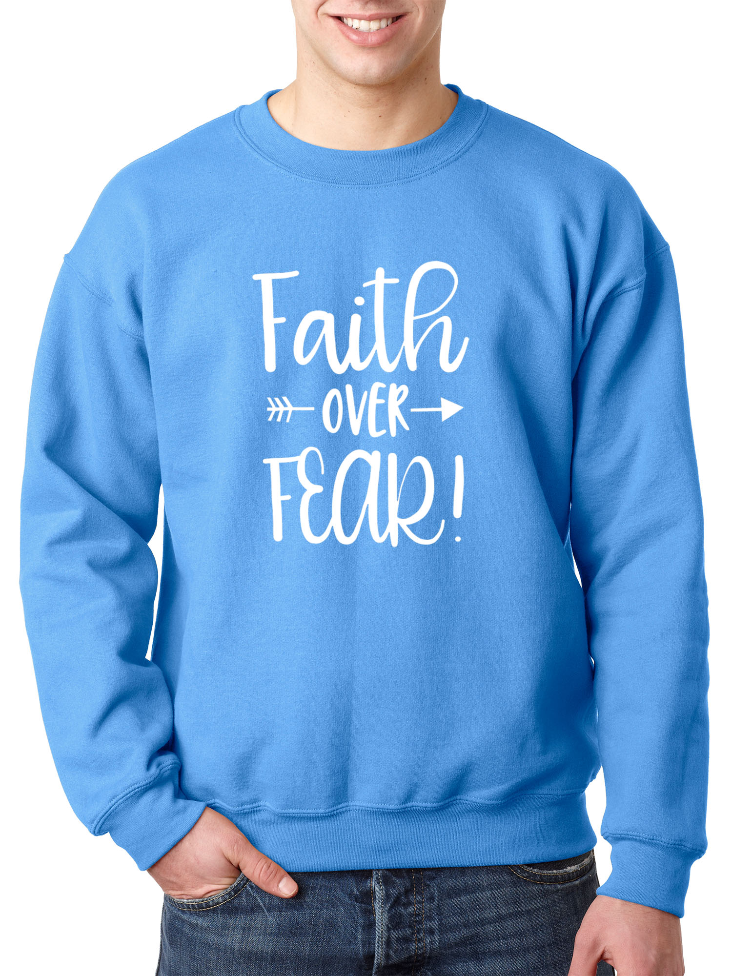 Trendy USA 1253 - Crewneck Faith Over Fear Script Sweatshirt Medium Carolina Blue