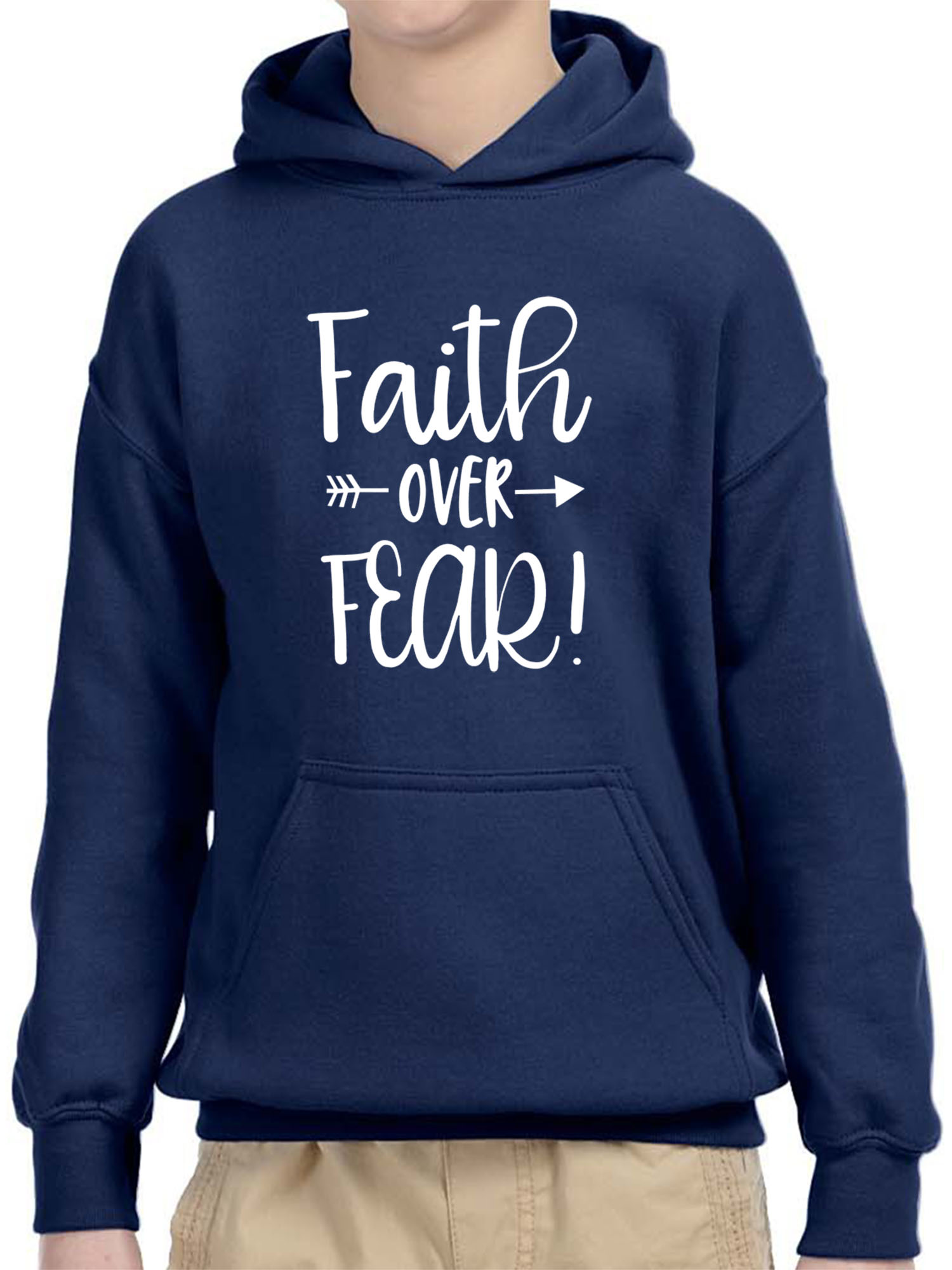 Trendy USA 1253 - Youth Hoodie Faith Over Fear Script Unisex Pullover Sweatshirt Small Navy