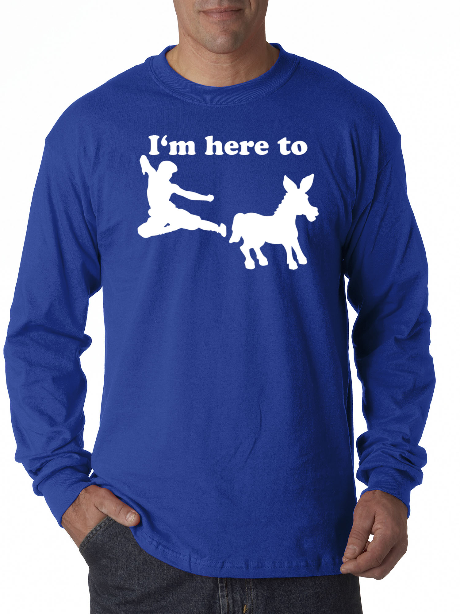 Trendy USA 1229 - Unisex Long-Sleeve T-Shirt I'm Here to Kick Ass Karate Donkey Medium Royal Blue