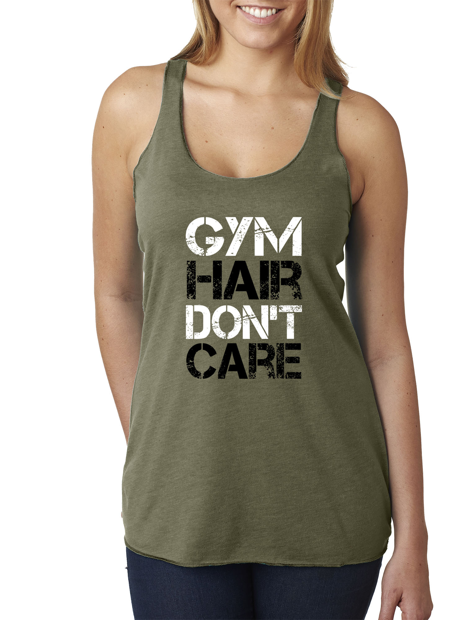 Trendy USA 1455 - Women's Tank-Top Gym Hair Don't Care Workout Exercise Fitness Health 2XL Military Green