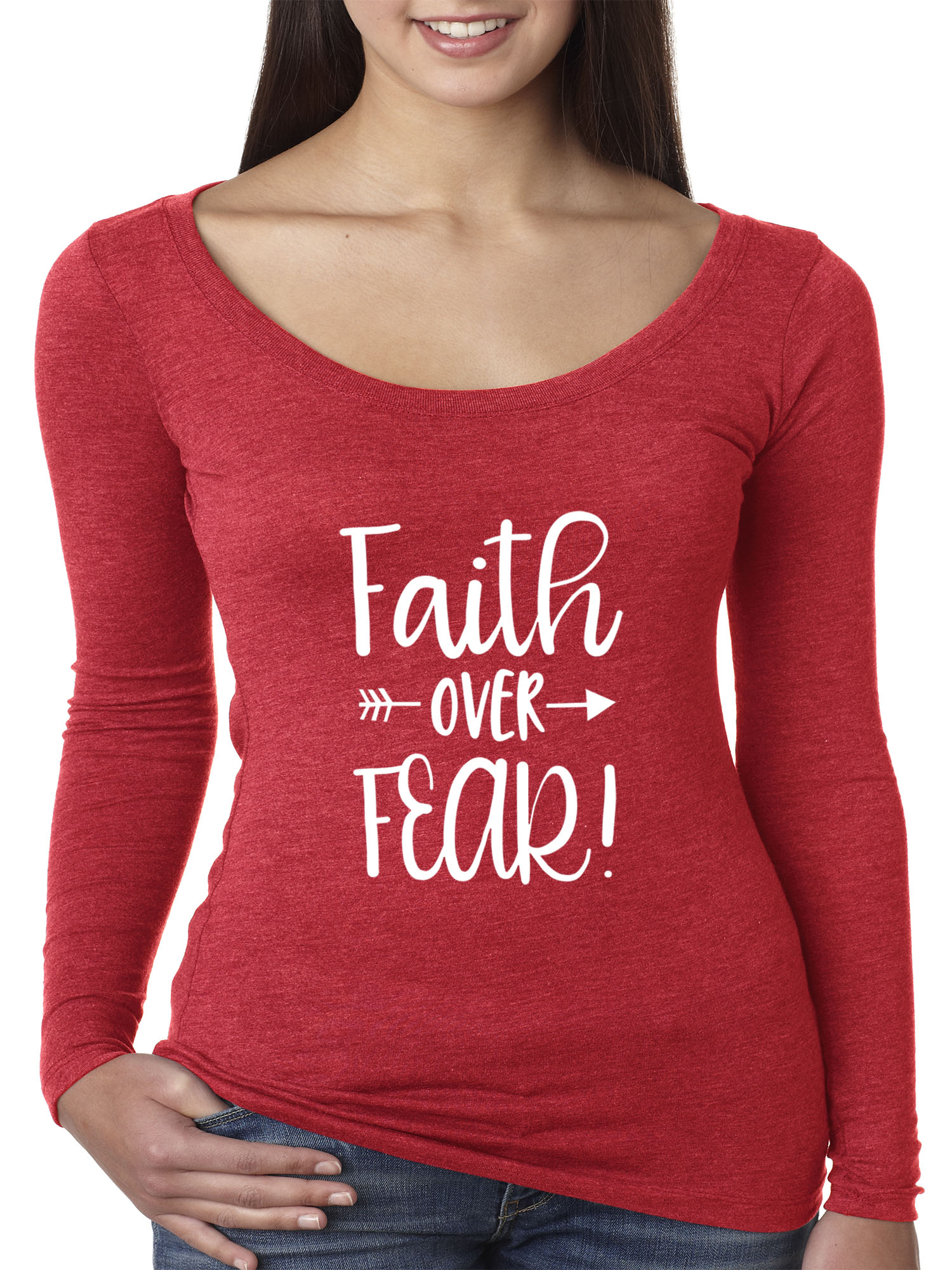 Trendy USA 1253 - Women's Long Sleeve T-Shirt Faith Over Fear Script XL Red
