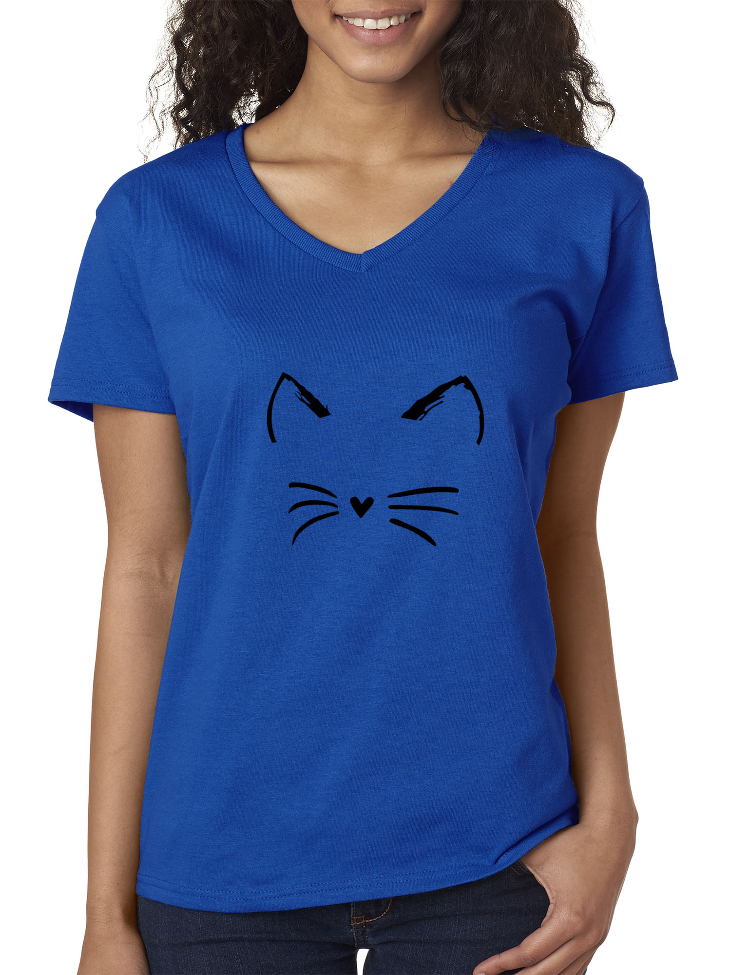 New Way 1128 - Women's V-Neck T-Shirt Cat Whiskers Silhouette Heart Nose Large Royal Blue