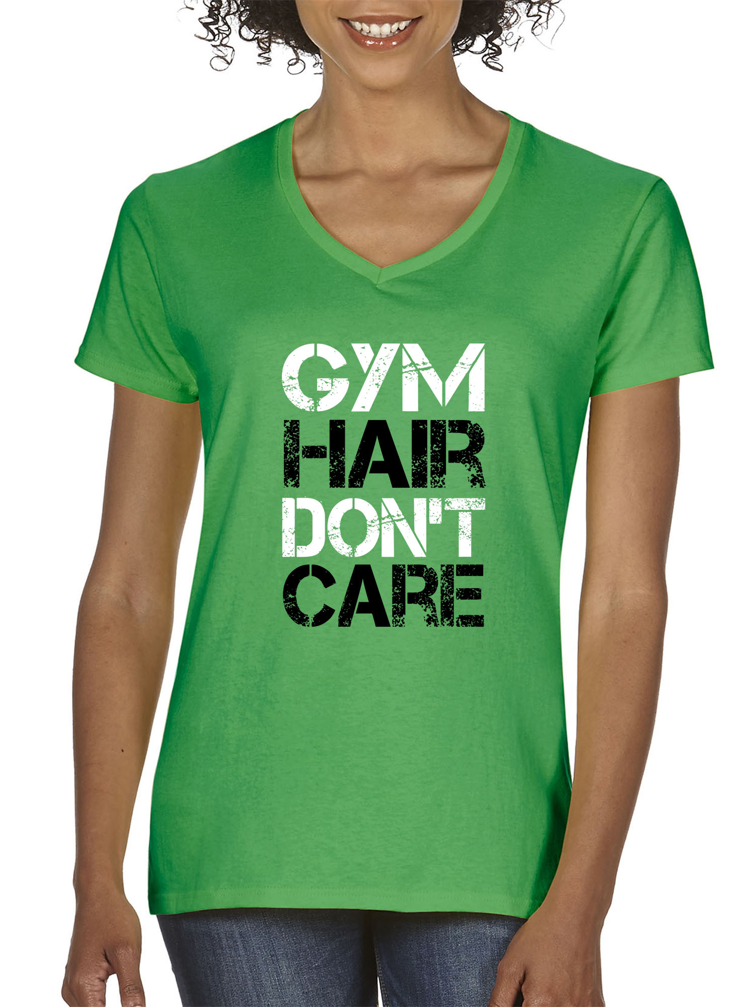Trendy USA 1455 - Women's V-Neck T-Shirt Gym Hair Don't Care Workout Exercise Fitness Health Large Kelly Green