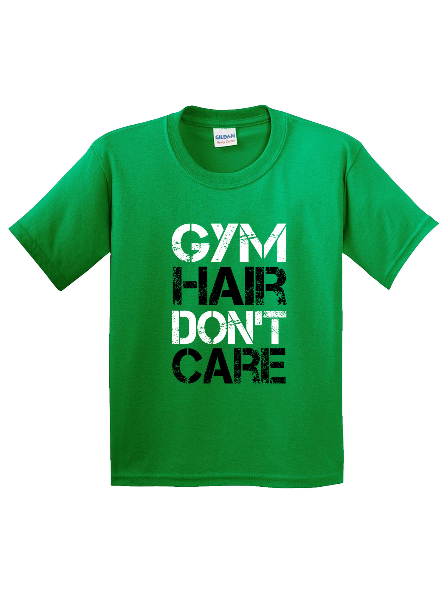 Trendy USA 1455 - Youth T-Shirt Gym Hair Don't Care Workout Exercise Fitness Health XL Kelly Green