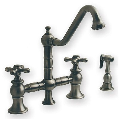 Whitehaus WHKBTCR3-9201-P Vintage III Bridge Faucet with Cross Handles with Side Spray, Pewter thumbnail